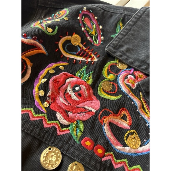 Womens Black Floral Boho Maximalist Dopamine Western Embroidered Denim Coat Sz14 - Picture 6 of 14